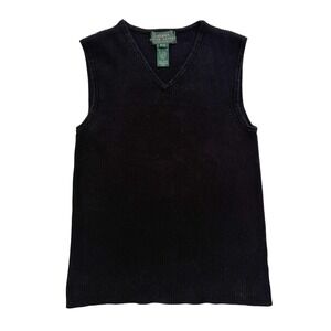 90s Lauren Ralph Lauren Sleeveless Petite Small Black V-Neck Rib 100% Cotton Top